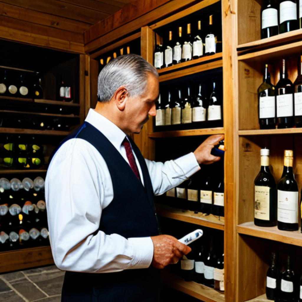 A focused professional artisan, fully clothed in modest work attire, carefully inspecting bottles on well-organized wooden shelves in a dimly lit, temperature-controlled home cellar. Subtle hygrometer and thermometer visible on a stone wall. Bottles of various homebrewed wines, beers, and meads are neatly stacked, demonstrating excellent preservation conditions. The scene emphasizes dedication and precision in beverage storage. Professional photography, natural pose, perfect anatomy, correct proportions, well-formed hands, proper finger count, natural body proportions, safe for work, appropriate content, fully clothed, professional, modest.