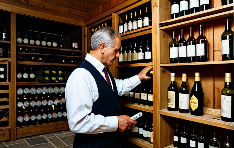 A focused professional artisan, fully clothed in modest work attire, carefully inspecting bottles on well-organized wooden shelves in a dimly lit, temperature-controlled home cellar. Subtle hygrometer and thermometer visible on a stone wall. Bottles of various homebrewed wines, beers, and meads are neatly stacked, demonstrating excellent preservation conditions. The scene emphasizes dedication and precision in beverage storage. Professional photography, natural pose, perfect anatomy, correct proportions, well-formed hands, proper finger count, natural body proportions, safe for work, appropriate content, fully clothed, professional, modest.