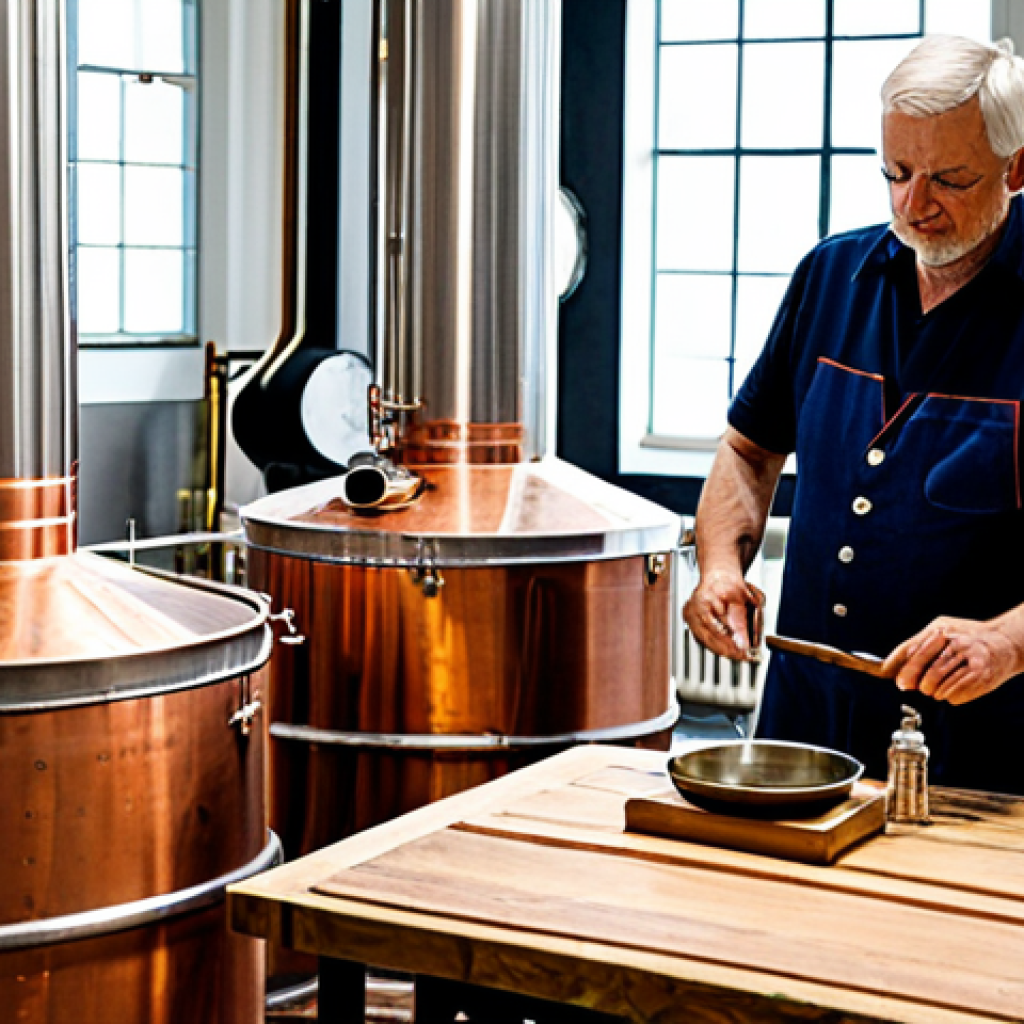 A professional, middle-aged distiller in a modest, clean apron and work attire, meticulously inspecting a gleaming copper still within a modern, well-lit artisanal distillery in rural France. On a nearby stainless-steel table, neatly organized official documents and ledgers are visible, representing the meticulous regulatory aspects. Oak barrels are stacked in the background, hinting at the aging process. The scene emphasizes precision, quality craftsmanship, and adherence to professional standards. safe for work, appropriate content, fully clothed, professional dress, perfect anatomy, correct proportions, natural pose, well-formed hands, proper finger count, natural body proportions, professional photography, high detail, studio lighting.