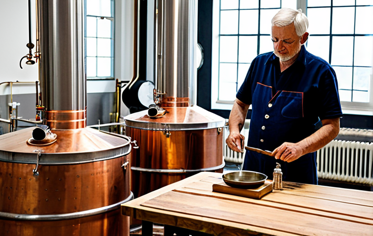 A professional, middle-aged distiller in a modest, clean apron and work attire, meticulously inspecting a gleaming copper still within a modern, well-lit artisanal distillery in rural France. On a nearby stainless-steel table, neatly organized official documents and ledgers are visible, representing the meticulous regulatory aspects. Oak barrels are stacked in the background, hinting at the aging process. The scene emphasizes precision, quality craftsmanship, and adherence to professional standards. safe for work, appropriate content, fully clothed, professional dress, perfect anatomy, correct proportions, natural pose, well-formed hands, proper finger count, natural body proportions, professional photography, high detail, studio lighting.