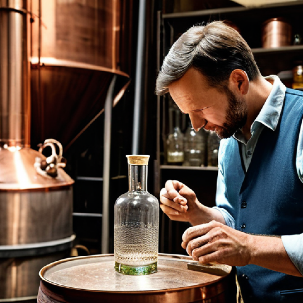 Distiller at Work**
"A professional distiller in a fully clothed, appropriate outfit, carefully examining a glass of homemade spirit in a traditional French distillery. Copper stills gleam in the background. Safe for work, professional setting, perfect anatomy, natural proportions, modest attire, family-friendly, showcasing the artisan spirit-making process."
**