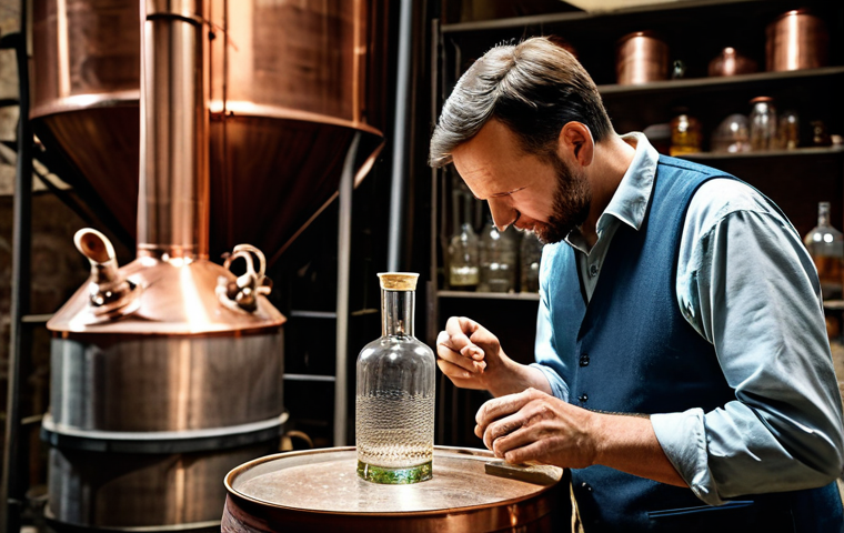 Distiller at Work**

"A professional distiller in a fully clothed, appropriate outfit, carefully examining a glass of homemade spirit in a traditional French distillery. Copper stills gleam in the background. Safe for work, professional setting, perfect anatomy, natural proportions, modest attire, family-friendly, showcasing the artisan spirit-making process."

**