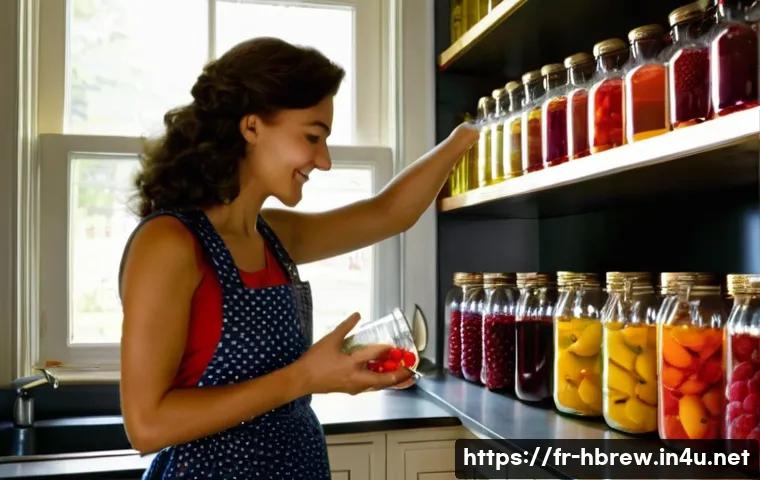 홈메이드 과일 인퓨즈드 술 - **Prompt:** "A brightly lit kitchen scene with a young woman in her late 20s, wearing a floral apron...