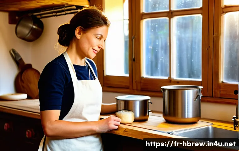 홈메이드 독일식 맥주 레시피 - **Prompt:** A cozy, rustic French kitchen transformed into a small home brewery. A passionate female...