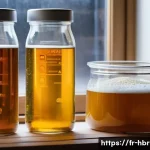 홈메이드 라거 맥주 발효 - A detailed close-up of a homebrewing setup focused on lager yeast preparation: a glass flask contain...
