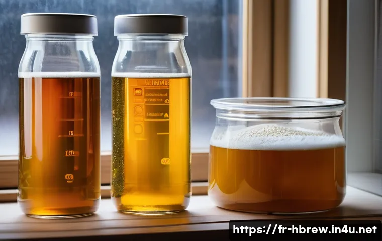 홈메이드 라거 맥주 발효 - A detailed close-up of a homebrewing setup focused on lager yeast preparation: a glass flask contain...