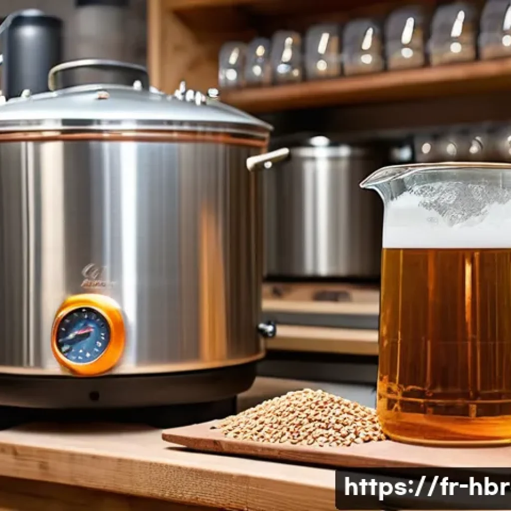 홈메이드 필스너 맥주 양조 - A highly detailed close-up of a traditional homebrewing setup for crafting a Pilsner beer, featuring...