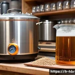 홈메이드 필스너 맥주 양조 - A highly detailed close-up of a traditional homebrewing setup for crafting a Pilsner beer, featuring...