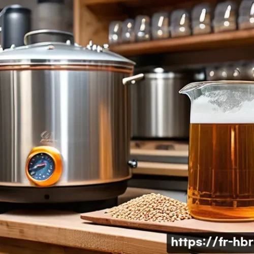 홈메이드 필스너 맥주 양조 - A highly detailed close-up of a traditional homebrewing setup for crafting a Pilsner beer, featuring...