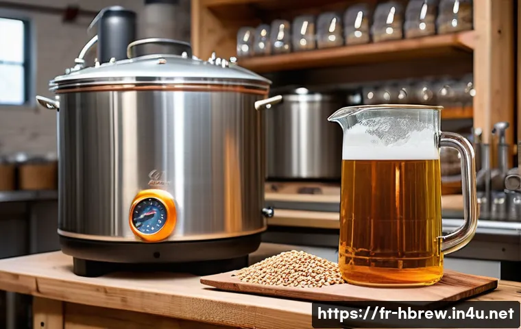 홈메이드 필스너 맥주 양조 - A highly detailed close-up of a traditional homebrewing setup for crafting a Pilsner beer, featuring...