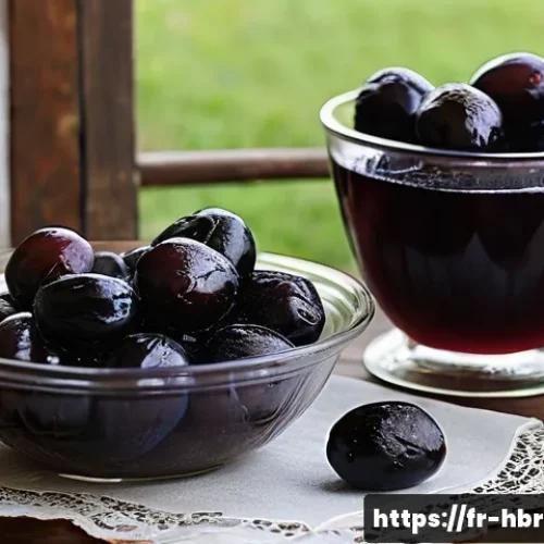 홈메이드 매실주 발효 - A rustic French kitchen scene featuring a wooden table with freshly harvested ripe prunes of the Rei...