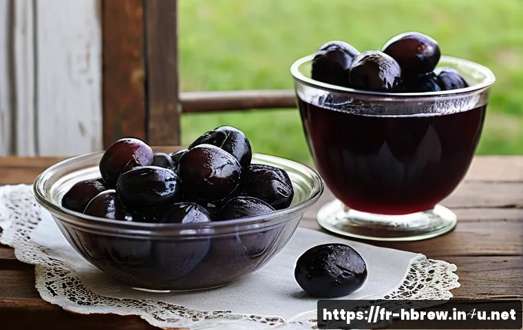 홈메이드 매실주 발효 - A rustic French kitchen scene featuring a wooden table with freshly harvested ripe prunes of the Rei...