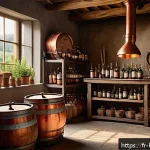 홈메이드 술 해외 시장 개척 - A rustic artisanal distillery scene set in the French countryside, featuring a traditional copper al...