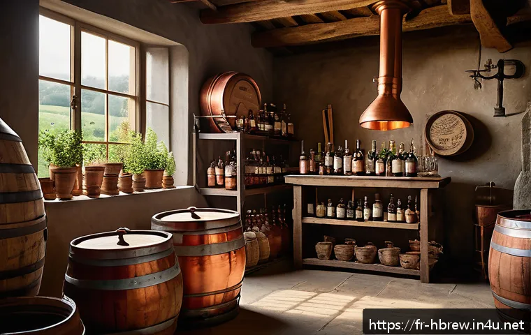 홈메이드 술 해외 시장 개척 - A rustic artisanal distillery scene set in the French countryside, featuring a traditional copper al...