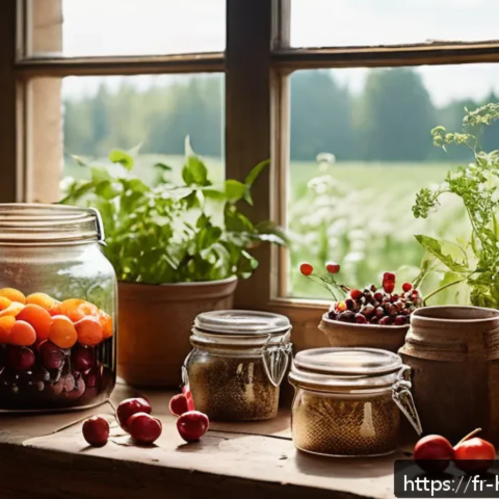 홈메이드 술 블로그 운영 팁 - A cozy rustic kitchen scene with a French artisan carefully selecting fresh, organic local fruits li...