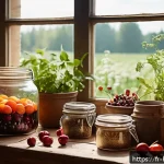 홈메이드 술 블로그 운영 팁 - A cozy rustic kitchen scene with a French artisan carefully selecting fresh, organic local fruits li...