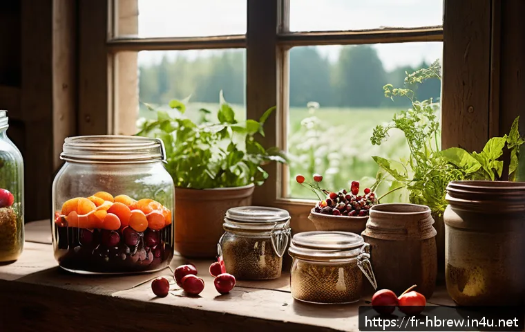 홈메이드 술 블로그 운영 팁 - A cozy rustic kitchen scene with a French artisan carefully selecting fresh, organic local fruits li...
