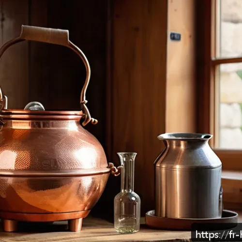 홈메이드 술 초보자를 위한 가이드 - A detailed close-up of a traditional copper alembic still in a rustic French farmhouse kitchen, soft...