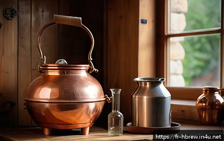 홈메이드 술 초보자를 위한 가이드 - A detailed close-up of a traditional copper alembic still in a rustic French farmhouse kitchen, soft...