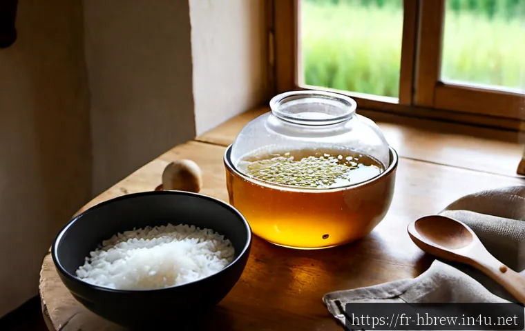 홈메이드 청주 만들기 - Photorealistic French home kitchen scene showing homemade clear rice wine fermentation, a large glas...