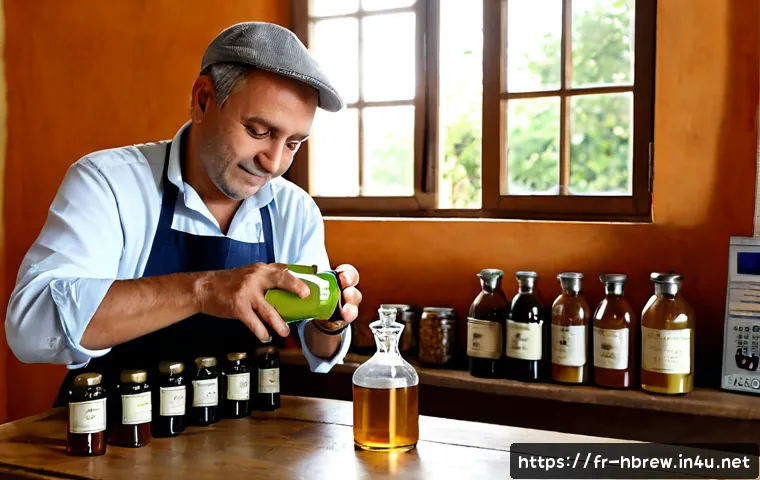 홈메이드 술 판매 합법성 - Photorealistic French home kitchen scene, a middle-aged artisan carefully bottling homemade fruit li...
