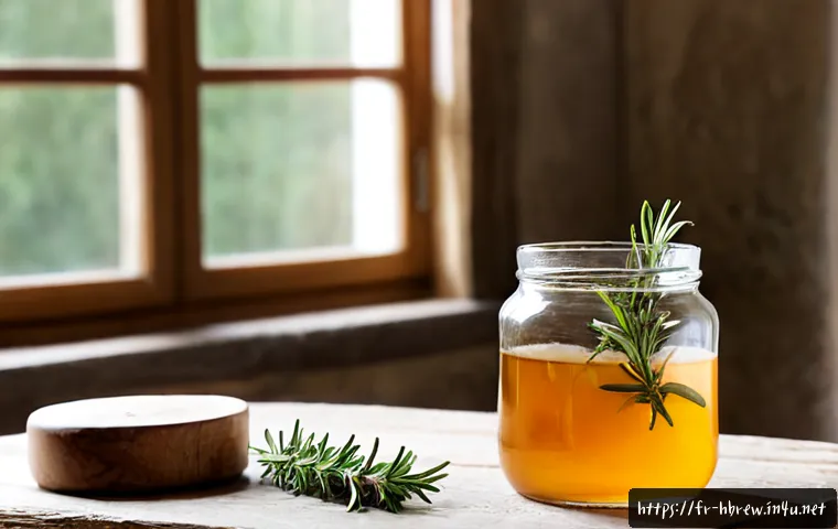 홈메이드 허브 리큐어 - Photorealistic French country kitchen scene, a clear glass jar of homemade herb liqueur infusing wit...